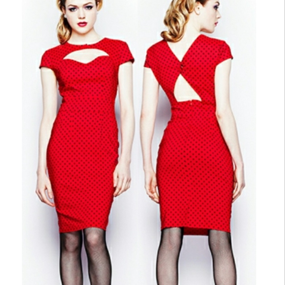 HELL BUNNY VIXEN Sandy Pencil Dress Red Polka Dot Retro Rockabilly Pinup US M 10 - Picture 3 of 16